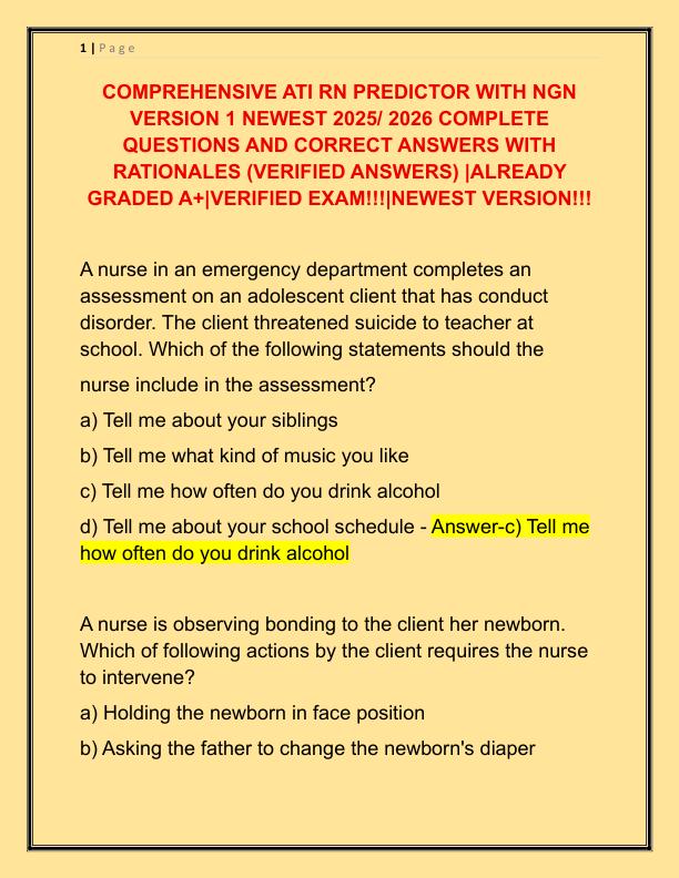 COMPREHENSIVE ATI RN PREDICTOR WITH NGN VERSION 1 NEWEST 2025