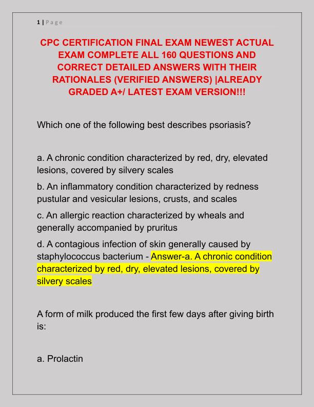 CPC CERTIFICATION FINAL EXAM NEWEST ACTUAL EXAM COMPLETE ALL 160 QUESTIONS AND CORRECT DETAILED ANSWERS WITH THEIR RATIONALES