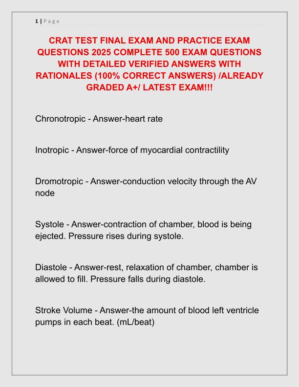 CRAT TEST FINAL EXAM AND PRACTICE EXAM QUESTIONS 2025 COMPLETE 500 EXAM QUESTIONS WITH DETAILED VERIFIED ANSWERS WITH RATIONALES