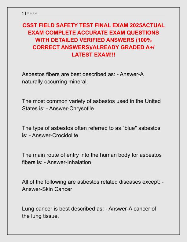 CSST FIELD SAFETY TEST FINAL EXAM 2025ACTUAL EXAM COMPLETE ACCURATE EXAM QUESTIONS WITH DETAILED VERIFIED ANSWERS