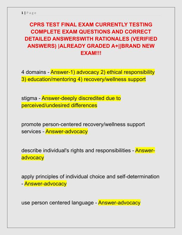 CPRS TEST FINAL EXAM CURRENTLY TESTING COMPLETE EXAM QUESTIONS AND CORRECT DETAILED ANSWERSWITH RATIONALES