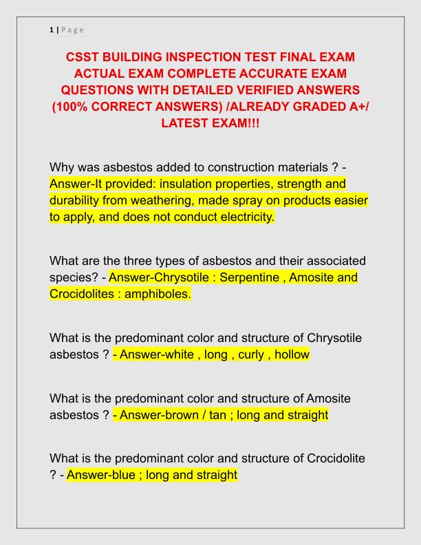CSST BUILDING INSPECTION TEST FINAL EXAM ACTUAL EXAM COMPLETE ACCURATE EXAM QUESTIONS WITH DETAILED VERIFIED ANSWERS