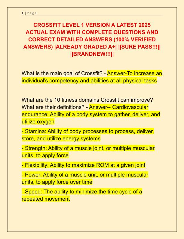 CROSSFIT LEVEL 1 VERSION A LATEST 2025 ACTUAL EXAM WITH COMPLETE QUESTIONS AND CORRECT DETAILED ANSWERS