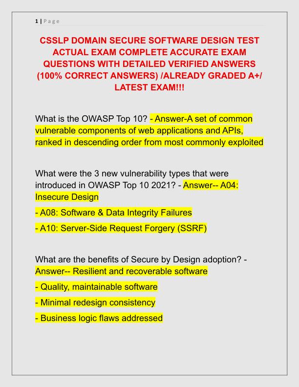 CSSLP DOMAIN SECURE SOFTWARE DESIGN TEST ACTUAL EXAM COMPLETE ACCURATE EXAM QUESTIONS WITH DETAILED VERIFIED ANSWERS