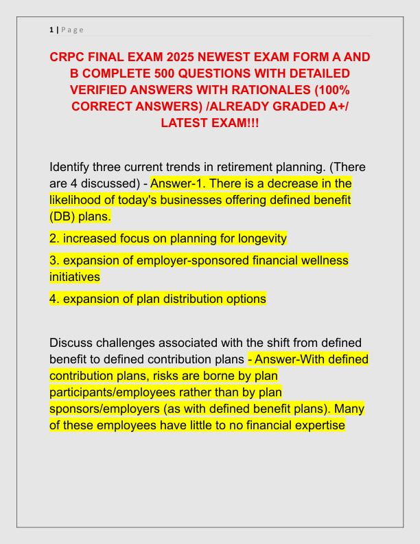 CRPC FINAL EXAM 2025 NEWEST EXAM FORM A AND B COMPLETE 500 QUESTIONS WITH DETAILED VERIFIED ANSWERS WITH RATIONALES