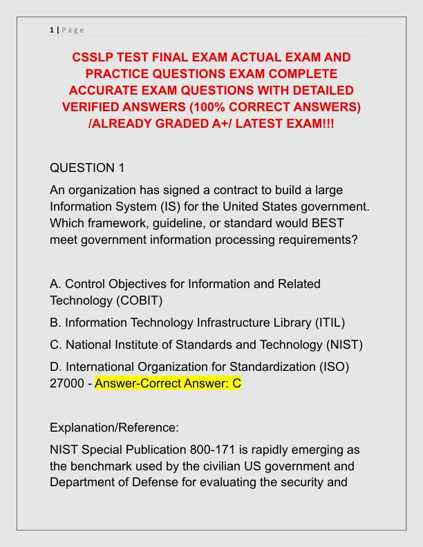 CSSLP TEST FINAL EXAM ACTUAL EXAM AND PRACTICE QUESTIONS EXAM COMPLETE ACCURATE EXAM QUESTIONS WITH DETAILED VERIFIED ANSWERS