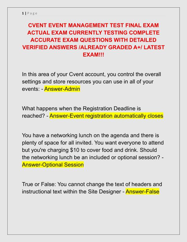 CVENT EVENT MANAGEMENT TEST FINAL EXAM ACTUAL EXAM CURRENTLY TESTING COMPLETE ACCURATE EXAM QUESTIONS WITH DETAILED VERIFIED ANSWERS
