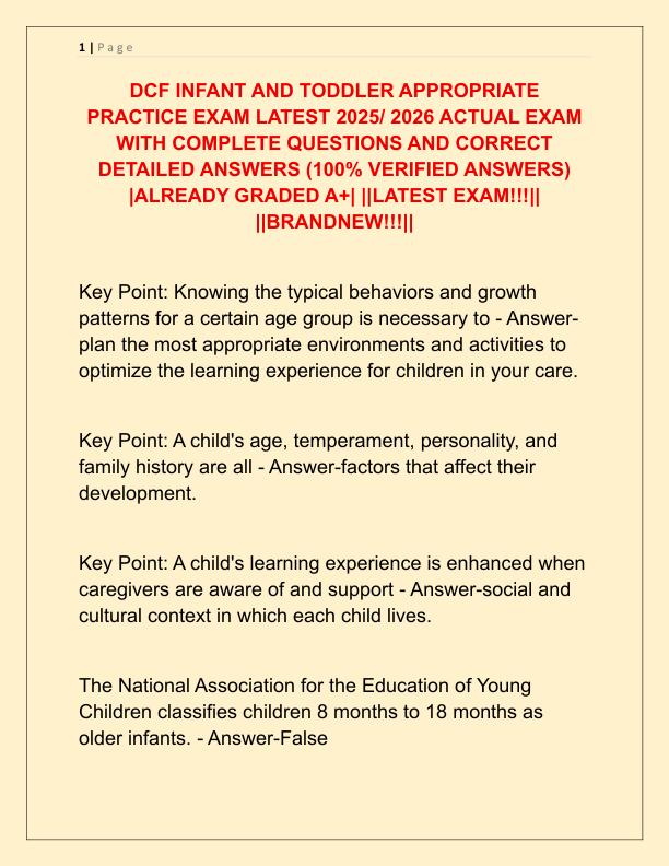 DCF INFANT AND TODDLER APPROPRIATE PRACTICE EXAM LATEST 2025
