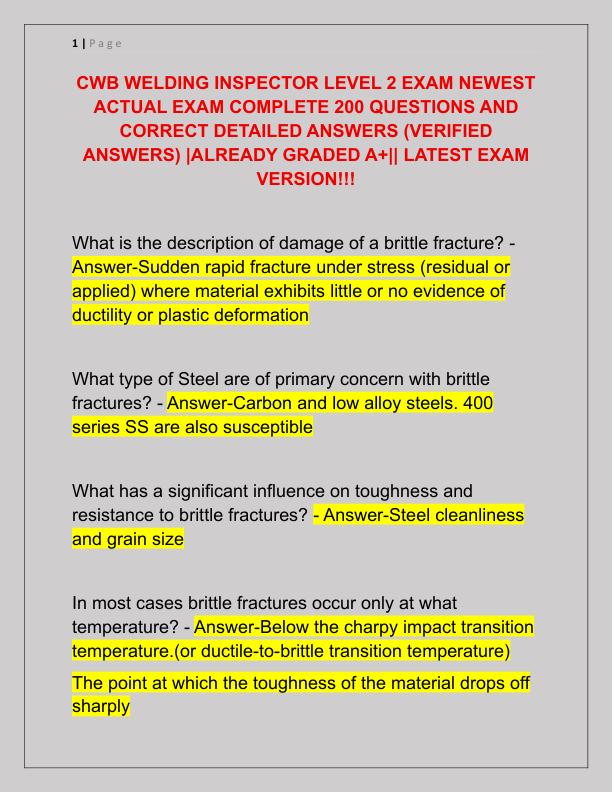 CWB WELDING INSPECTOR LEVEL 2 EXAM NEWEST ACTUAL EXAM COMPLETE 200 QUESTIONS AND CORRECT DETAILED ANSWERS