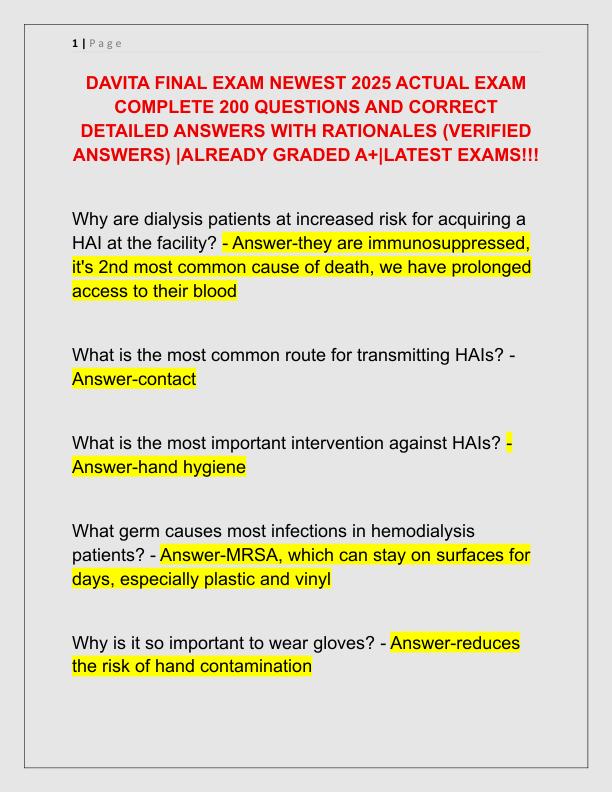 DAVITA FINAL EXAM NEWEST 2025 ACTUAL EXAM COMPLETE 200 QUESTIONS AND CORRECT DETAILED ANSWERS WITH RATIONALES