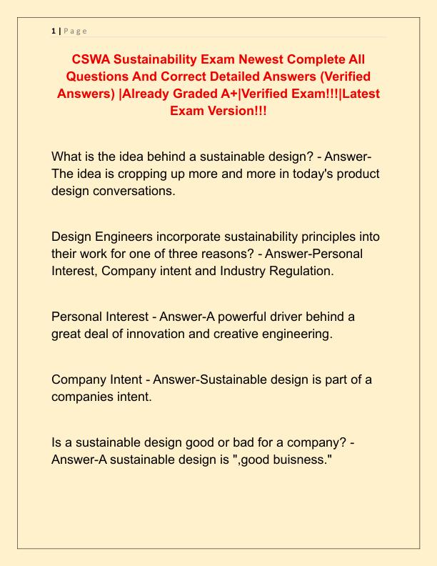 CSWA Sustainability Exam Newest Complete All Questions And Correct Detailed Answers
