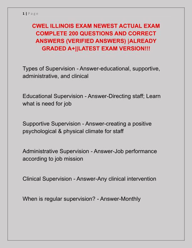 CWEL ILLINOIS EXAM NEWEST ACTUAL EXAM COMPLETE 200 QUESTIONS AND CORRECT ANSWERS