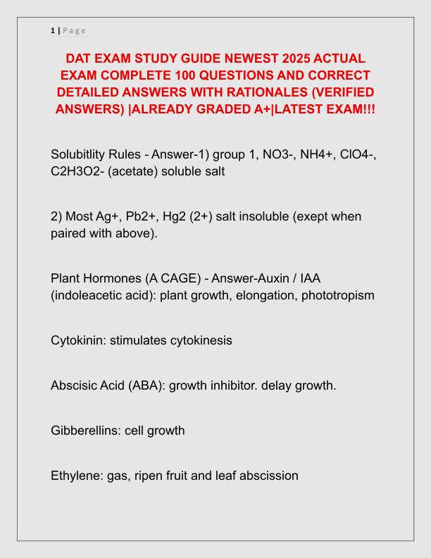 DAT EXAM STUDY GUIDE NEWEST 2025 ACTUAL EXAM COMPLETE 100 QUESTIONS AND CORRECT DETAILED ANSWERS WITH RATIONALES