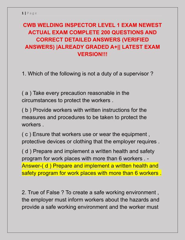 CWB WELDING INSPECTOR LEVEL 1 EXAM NEWEST ACTUAL EXAM COMPLETE 200 QUESTIONS AND CORRECT DETAILED ANSWERS