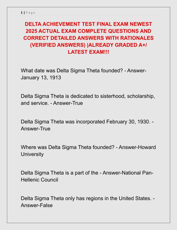 DELTA ACHIEVEMENT TEST FINAL EXAM NEWEST 2025 ACTUAL EXAM COMPLETE QUESTIONS AND CORRECT DETAILED ANSWERS WITH RATIONALES