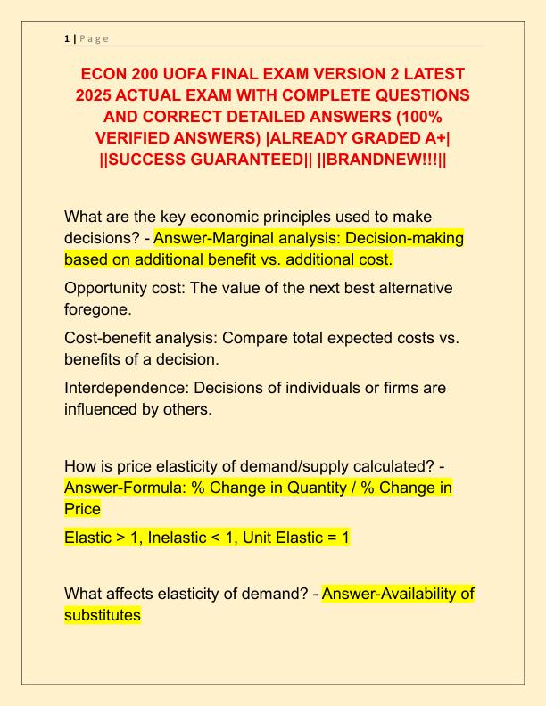 ECON 200 UOFA FINAL EXAM VERSION 2 LATEST 2025 ACTUAL EXAM WITH COMPLETE QUESTIONS AND CORRECT DETAILED ANSWERS