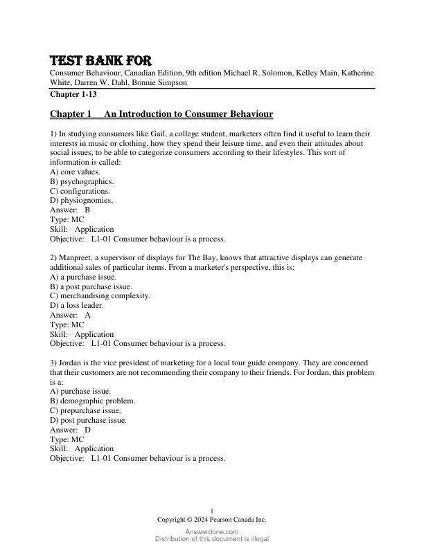 Test Bank for Consumer Behaviour, Canadian Edition, 9th Edition by Michael R. Solomon, Kelley Main, Katherine White, Darren W. Dahl, Bonnie Simpson Chapter1-13