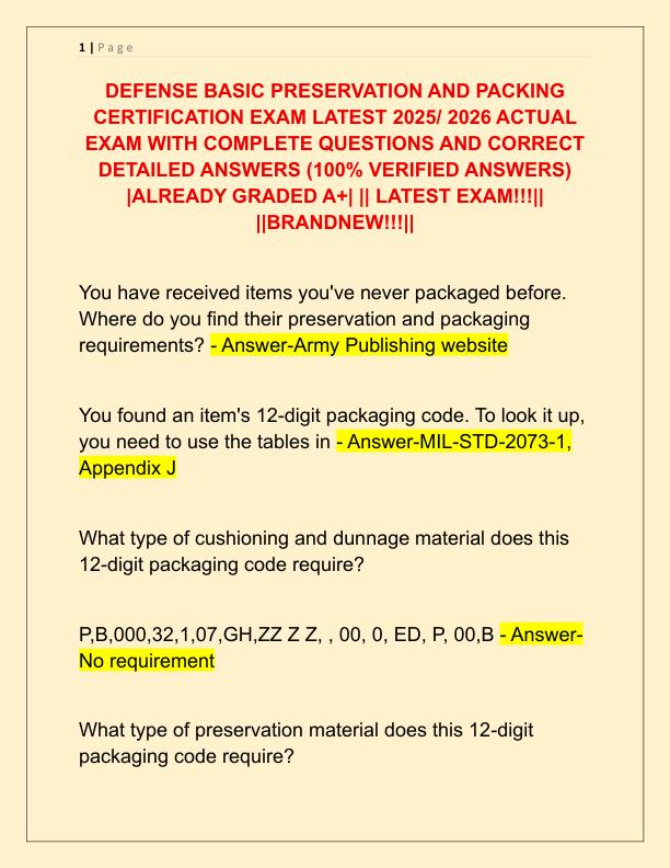 DEFENSE BASIC PRESERVATION AND PACKING CERTIFICATION EXAM LATEST 2025