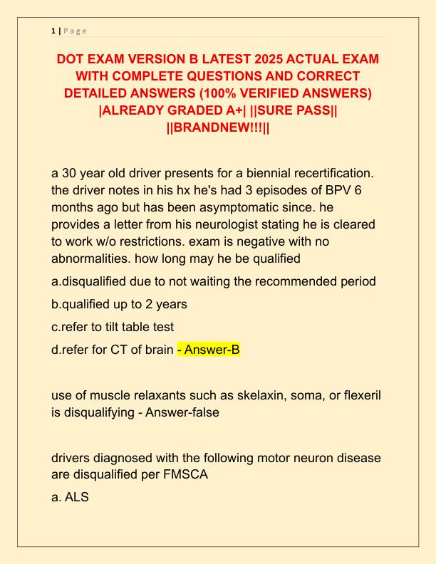 DOT EXAM VERSION B LATEST 2025 ACTUAL EXAM WITH COMPLETE QUESTIONS AND CORRECT DETAILED ANSWERS