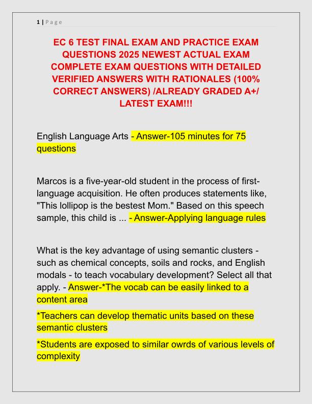 EC 6 TEST FINAL EXAM AND PRACTICE EXAM QUESTIONS 2025 NEWEST ACTUAL EXAM COMPLETE EXAM QUESTIONS WITH DETAILED VERIFIED ANSWERS WITH RATIONALES