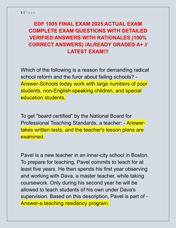 EDF 1005 FINAL EXAM 2025 ACTUAL EXAM COMPLETE EXAM QUESTIONS WITH DETAILED VERIFIED ANSWERS WITH RATIONALES