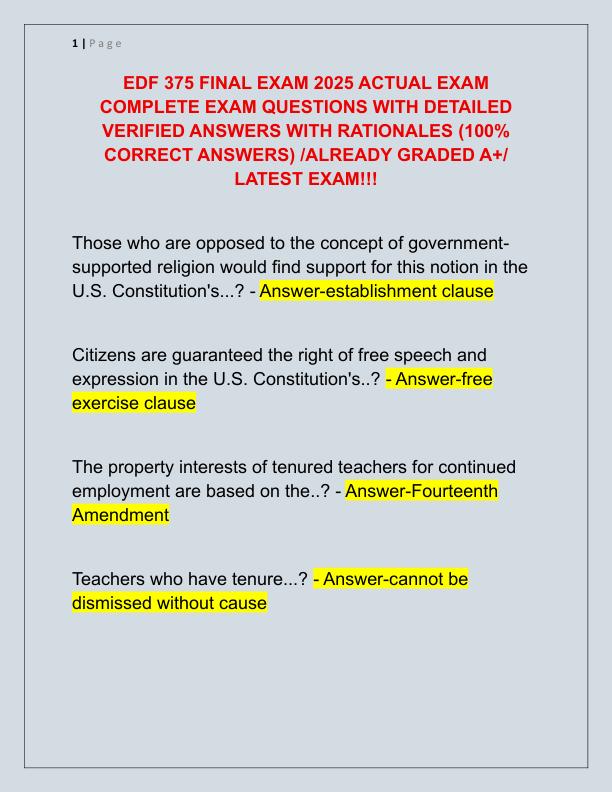 EDF 375 FINAL EXAM 2025 ACTUAL EXAM COMPLETE EXAM QUESTIONS WITH DETAILED VERIFIED ANSWERS WITH RATIONALES