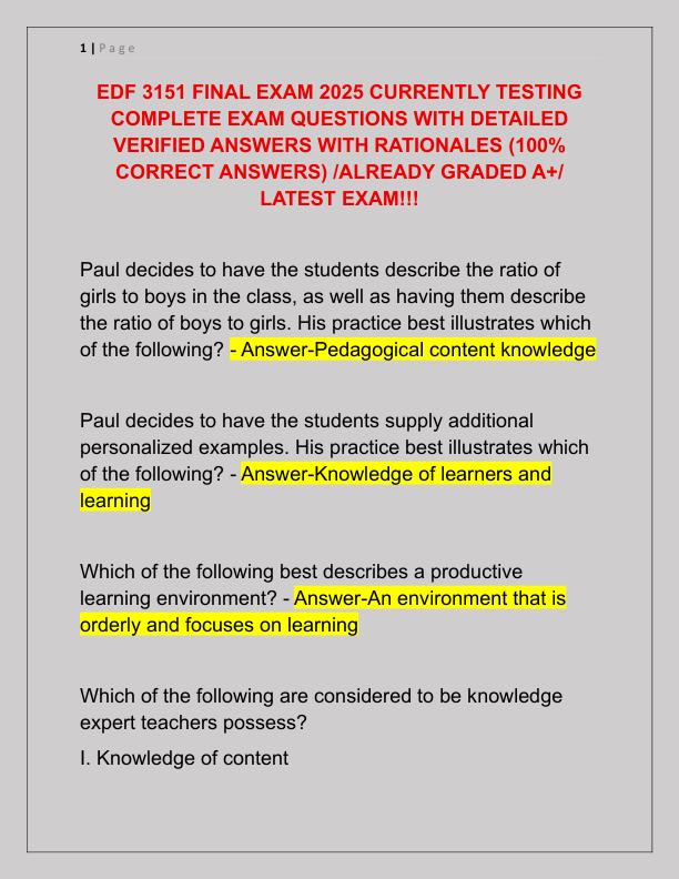 EDF 3151 FINAL EXAM 2025 CURRENTLY TESTING COMPLETE EXAM QUESTIONS WITH DETAILED VERIFIED ANSWERS WITH RATIONALES