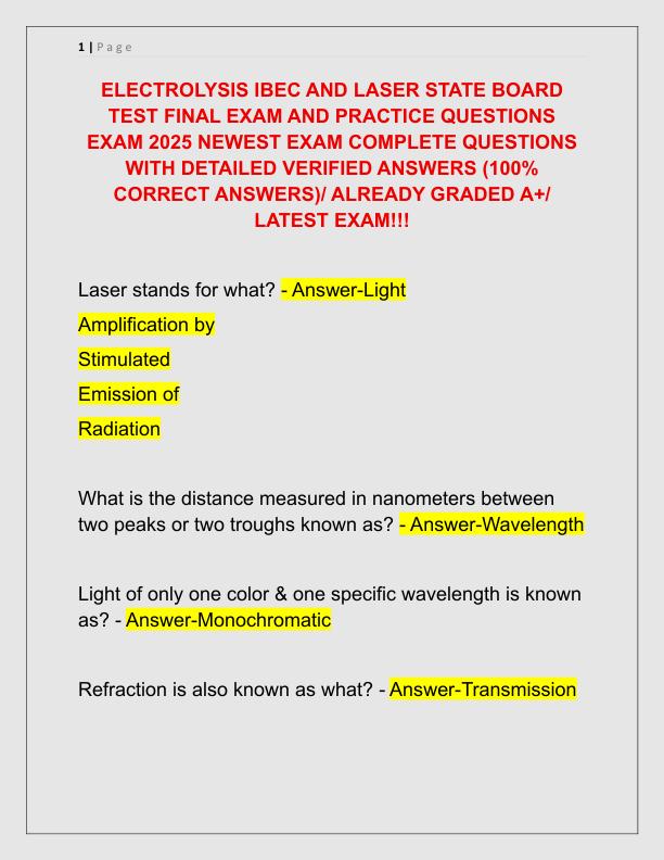 ELECTROLYSIS IBEC AND LASER STATE BOARD TEST FINAL EXAM AND PRACTICE QUESTIONS EXAM 2025 NEWEST EXAM COMPLETE QUESTIONS WITH DETAILED VERIFIED ANSWERS