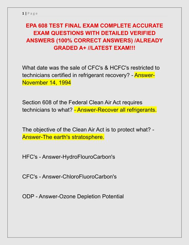 EPA 608 TEST FINAL EXAM COMPLETE ACCURATE EXAM QUESTIONS WITH DETAILED VERIFIED ANSWERS