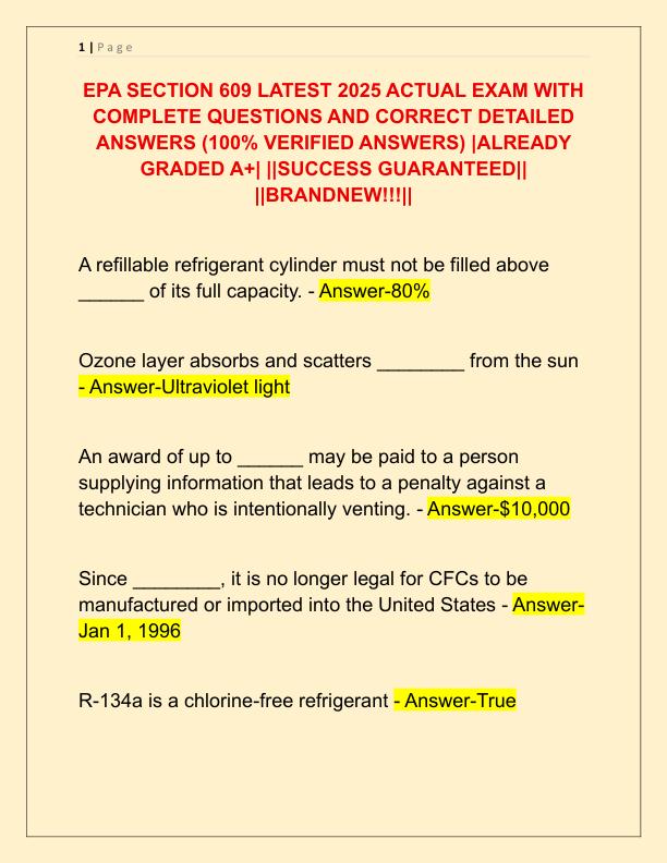 EPA SECTION 609 LATEST 2025 ACTUAL EXAM WITH COMPLETE QUESTIONS AND CORRECT DETAILED ANSWERS