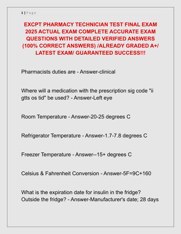 EXCPT PHARMACY TECHNICIAN TEST FINAL EXAM 2025 ACTUAL EXAM COMPLETE ACCURATE EXAM QUESTIONS WITH DETAILED VERIFIED ANSWERS