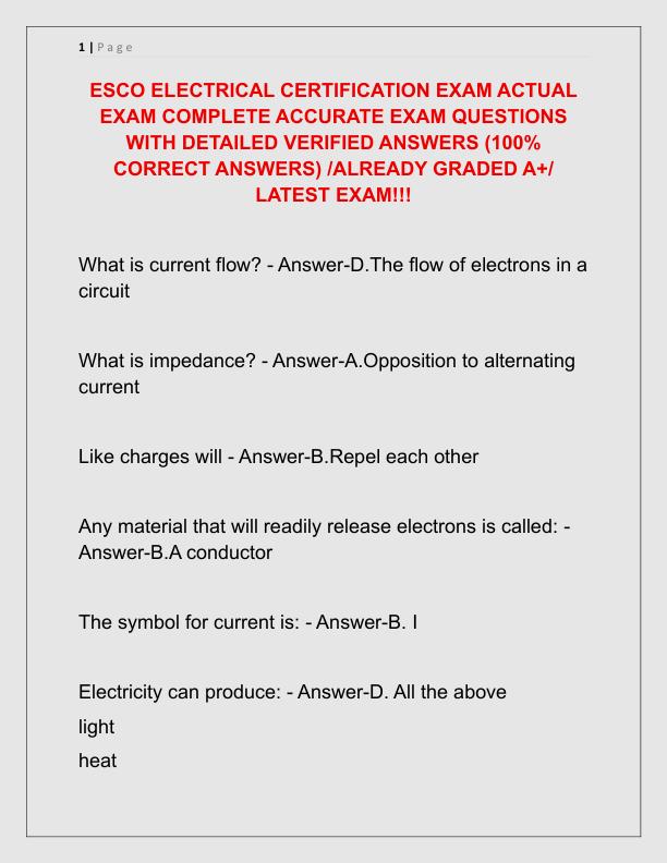 ESCO ELECTRICAL CERTIFICATION EXAM ACTUAL EXAM COMPLETE ACCURATE EXAM QUESTIONS WITH DETAILED VERIFIED ANSWERS