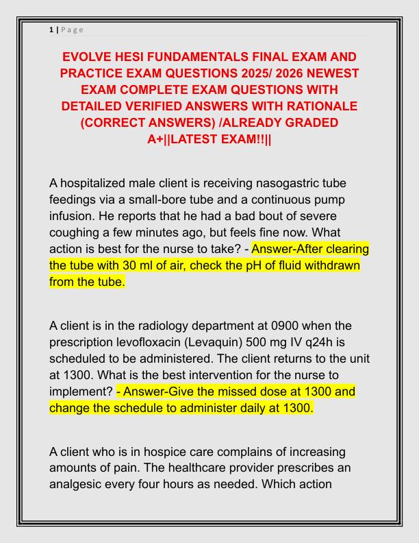 EVOLVE HESI FUNDAMENTALS FINAL EXAM AND PRACTICE EXAM QUESTIONS 2025