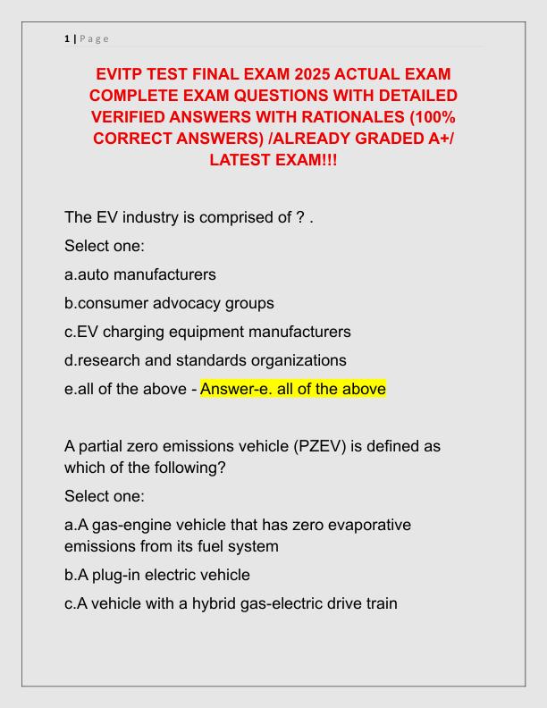 EVITP TEST FINAL EXAM 2025 ACTUAL EXAM COMPLETE EXAM QUESTIONS WITH DETAILED VERIFIED ANSWERS WITH RATIONALES