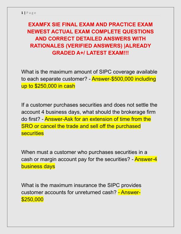 EXAMFX SIE FINAL EXAM AND PRACTICE EXAM NEWEST ACTUAL EXAM COMPLETE QUESTIONS AND CORRECT DETAILED ANSWERS WITH RATIONALES