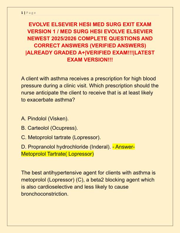 EVOLVE ELSEVIER HESI MED SURG EXIT EXAM VERSION 1