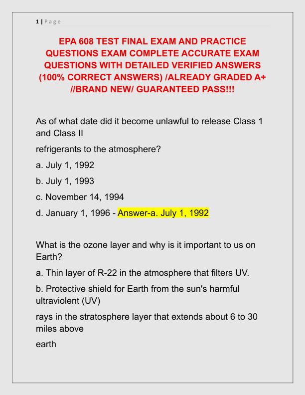 EPA 608 TEST FINAL EXAM AND PRACTICE QUESTIONS EXAM COMPLETE ACCURATE EXAM QUESTIONS WITH DETAILED VERIFIED ANSWERS