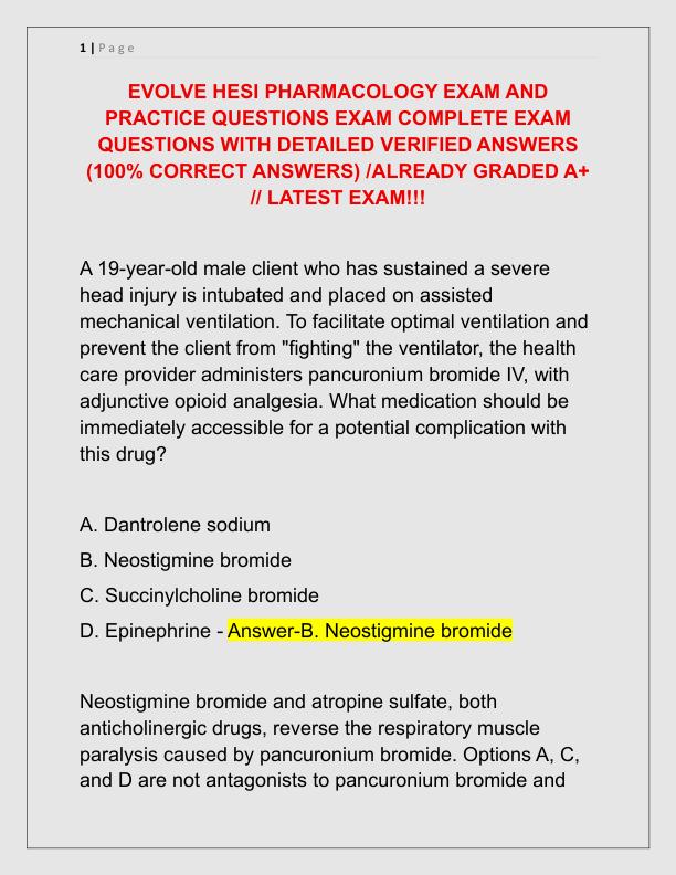 EVOLVE HESI PHARMACOLOGY EXAM AND PRACTICE QUESTIONS EXAM COMPLETE EXAM QUESTIONS WITH DETAILED VERIFIED ANSWERS