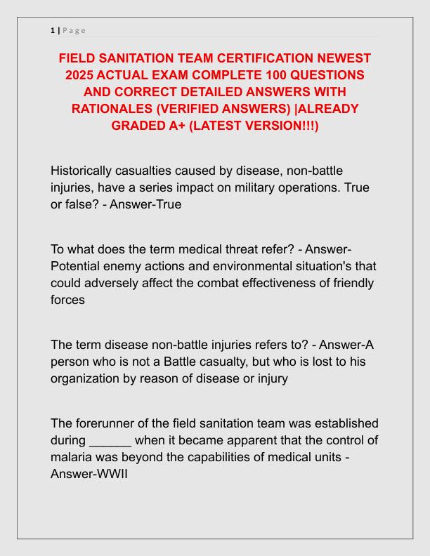 FIELD SANITATION TEAM CERTIFICATION NEWEST 2025 ACTUAL EXAM COMPLETE 100 QUESTIONS AND CORRECT DETAILED ANSWERS WITH RATIONALES