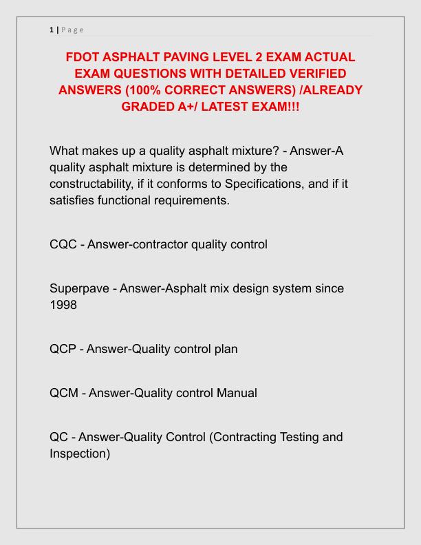 FDOT ASPHALT PAVING LEVEL 2 EXAM ACTUAL EXAM QUESTIONS WITH DETAILED VERIFIED ANSWERS