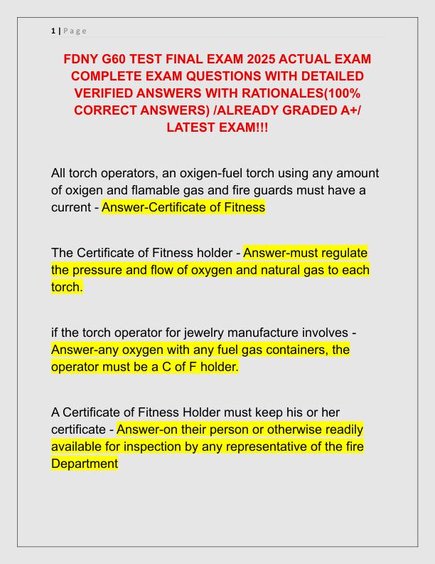 FDNY G60 TEST FINAL EXAM 2025 ACTUAL EXAM COMPLETE EXAM QUESTIONS WITH DETAILED VERIFIED ANSWERS WITH RATIONALES