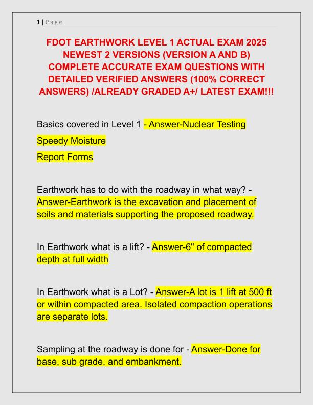 FDOT EARTHWORK LEVEL 1 ACTUAL EXAM 2025 NEWEST 2 VERSIONS