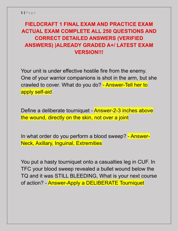 FIELDCRAFT 1 FINAL EXAM AND PRACTICE EXAM ACTUAL EXAM COMPLETE ALL 250 QUESTIONS AND CORRECT DETAILED ANSWERS