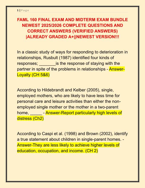 FAML 160 FINAL EXAM AND MIDTERM EXAM BUNDLE NEWEST 2025