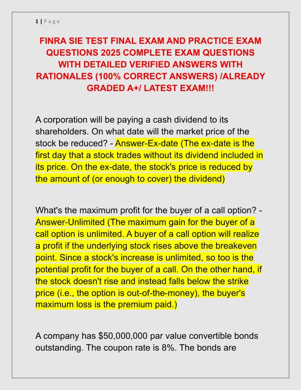 FINRA SIE TEST FINAL EXAM AND PRACTICE EXAM QUESTIONS 2025 COMPLETE EXAM QUESTIONS WITH DETAILED VERIFIED ANSWERS WITH RATIONALES