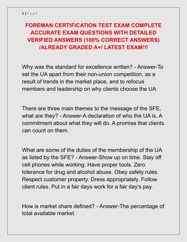FOREMAN CERTIFICATION TEST EXAM COMPLETE ACCURATE EXAM QUESTIONS WITH DETAILED VERIFIED ANSWERS