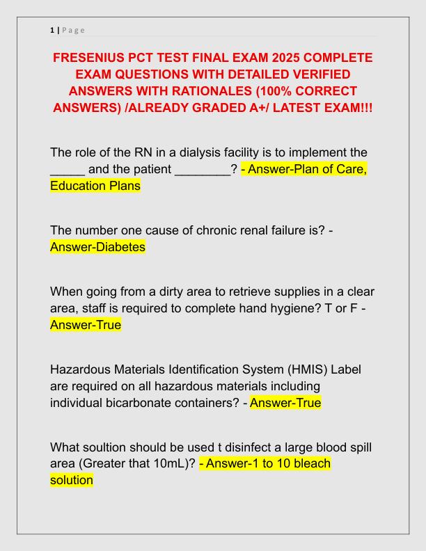 FRESENIUS PCT TEST FINAL EXAM 2025 COMPLETE EXAM QUESTIONS WITH DETAILED VERIFIED ANSWERS WITH RATIONALES