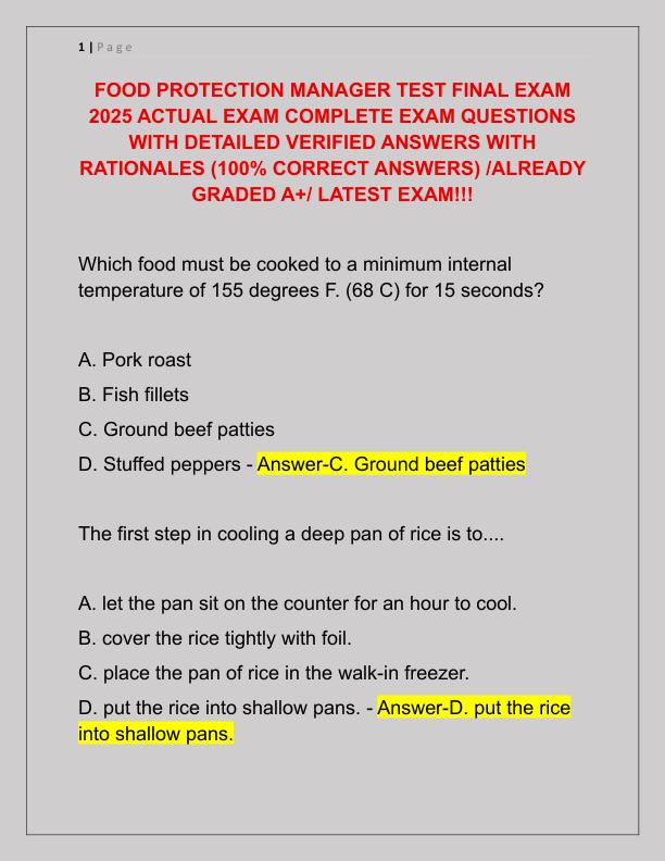 FOOD PROTECTION MANAGER TEST FINAL EXAM 2025 ACTUAL EXAM COMPLETE EXAM QUESTIONS WITH DETAILED VERIFIED ANSWERS WITH RATIONALES