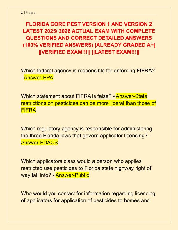 FLORIDA CORE PEST VERSION 1 AND VERSION 2 LATEST 2025