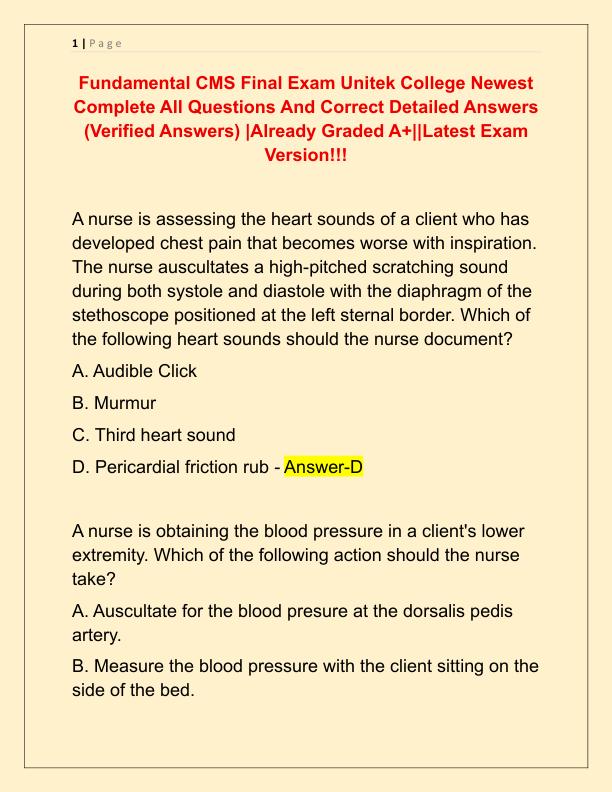 Fundamental CMS Final Exam Unitek College Newest Complete All Questions And Correct Detailed Answers